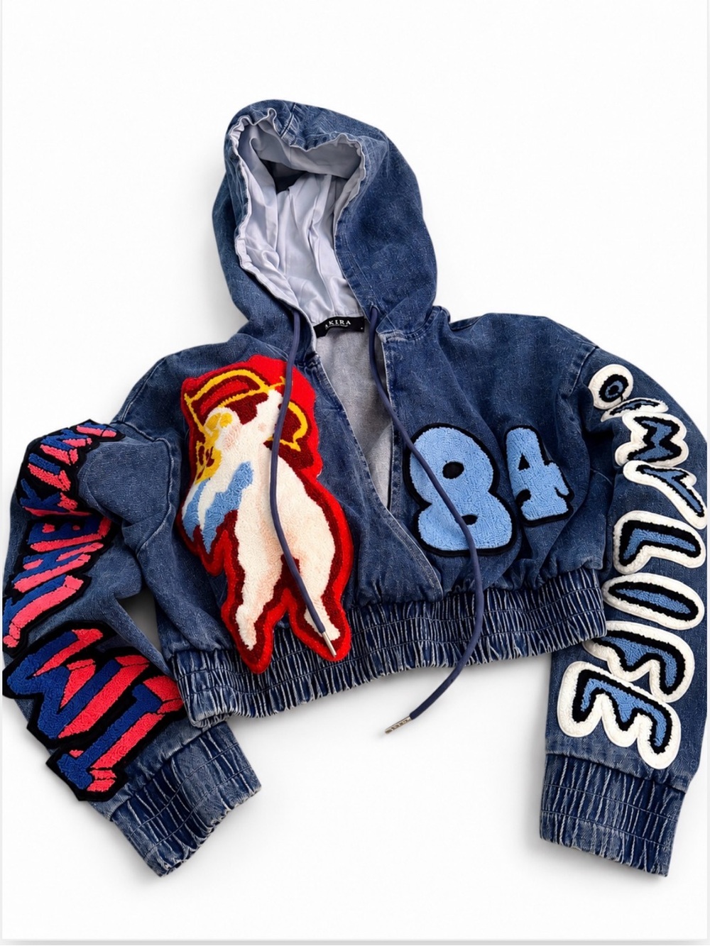 AKIRA Dark Blue Cropped Denim Hooded Jacket with Multicolor Patches